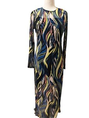 Striking Donna Morgan Long Sleeve Abstract Wave Print Dress in Blue & Pink